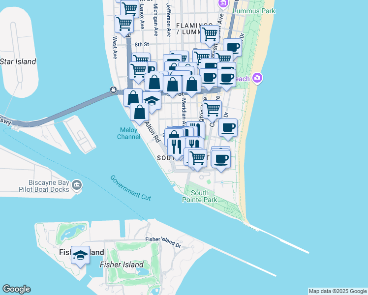 map of restaurants, bars, coffee shops, grocery stores, and more near 211 1st Street in Miami Beach