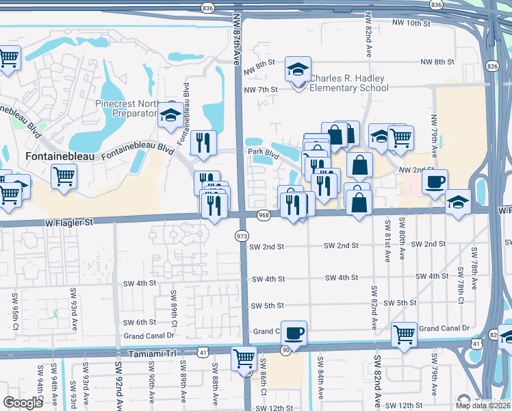 map of restaurants, bars, coffee shops, grocery stores, and more near 8645 Northwest 1st Street in Miami