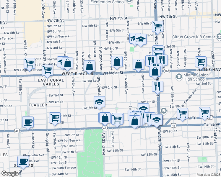 map of restaurants, bars, coffee shops, grocery stores, and more near 3100 Southwest 2nd Street in Miami