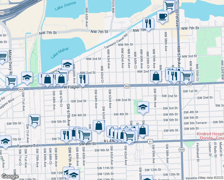 map of restaurants, bars, coffee shops, grocery stores, and more near 35 Southwest 63rd Avenue in Miami