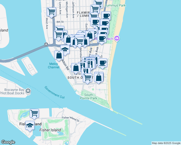 map of restaurants, bars, coffee shops, grocery stores, and more near 100 Collins Avenue in Miami Beach