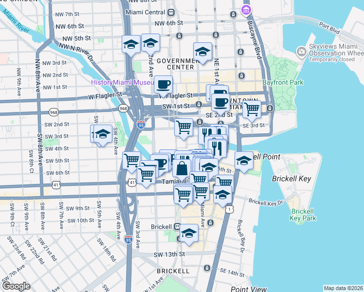 map of restaurants, bars, coffee shops, grocery stores, and more near 24 Southwest 4th Street in Miami