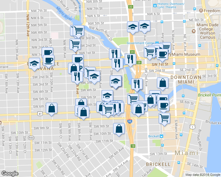 map of restaurants, bars, coffee shops, grocery stores, and more near 535 Southwest 4th Street in Miami