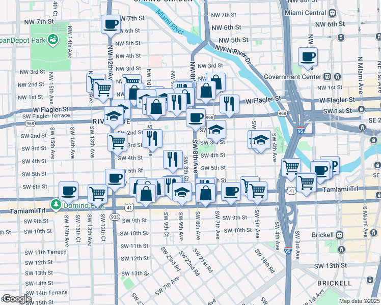 map of restaurants, bars, coffee shops, grocery stores, and more near 821 Southwest 4th Street in Miami