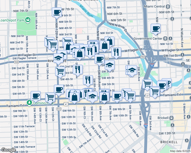 map of restaurants, bars, coffee shops, grocery stores, and more near 821 Southwest 4th Street in Miami