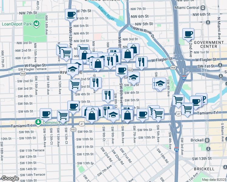 map of restaurants, bars, coffee shops, grocery stores, and more near 821 Southwest 4th Street in Miami