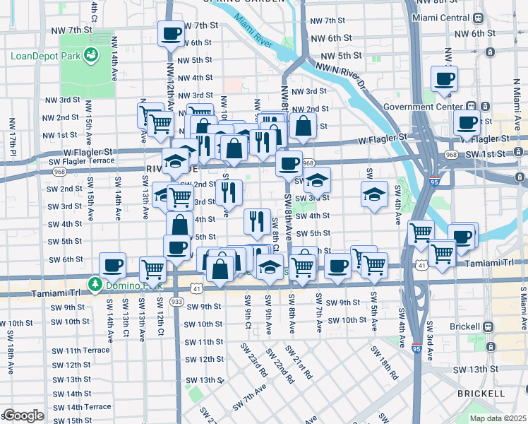 map of restaurants, bars, coffee shops, grocery stores, and more near 332 Southwest 9th Avenue in Miami