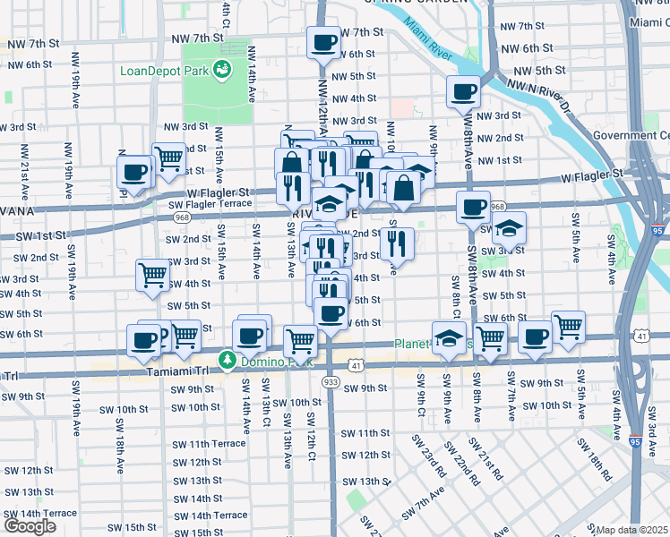 map of restaurants, bars, coffee shops, grocery stores, and more near 1147 Southwest 4th Street in Miami