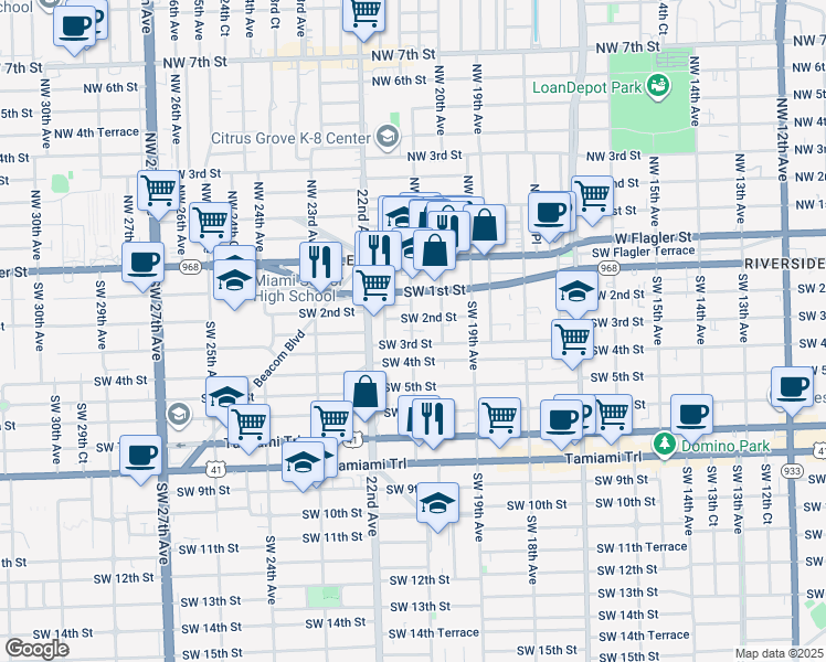 map of restaurants, bars, coffee shops, grocery stores, and more near 231 Southwest 21st Avenue in Miami