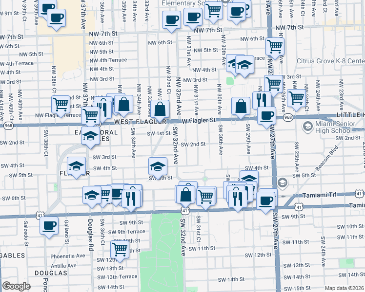 map of restaurants, bars, coffee shops, grocery stores, and more near 3172 Southwest 2nd Street in Miami