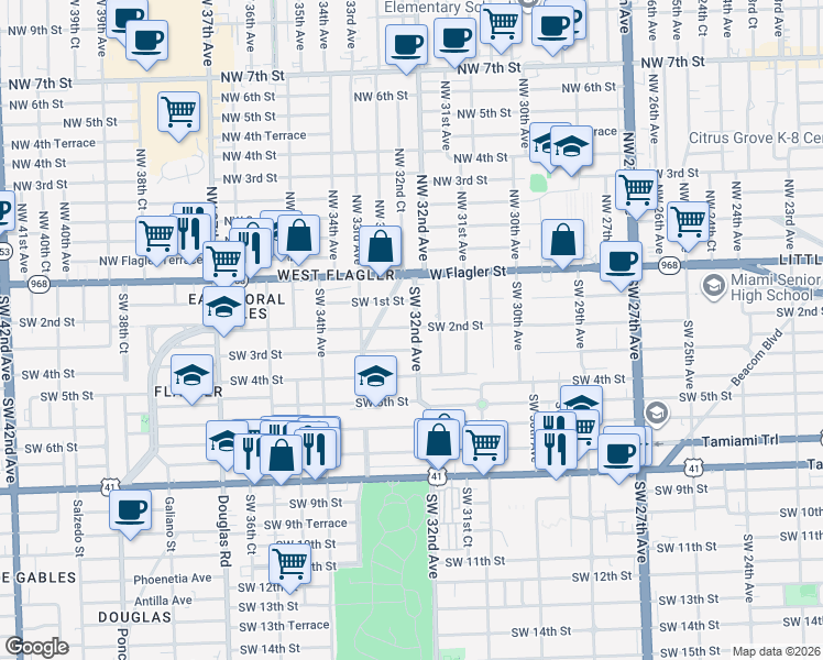 map of restaurants, bars, coffee shops, grocery stores, and more near 3242 Southwest 2nd Street in Miami