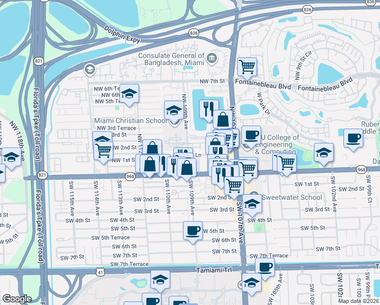 map of restaurants, bars, coffee shops, grocery stores, and more near 10871 Northwest 1st Lane in Miami