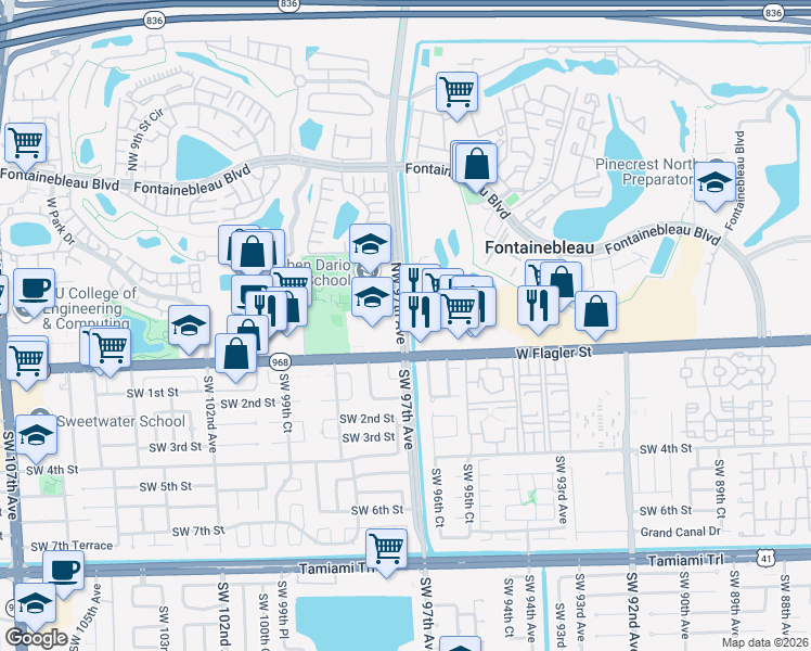 map of restaurants, bars, coffee shops, grocery stores, and more near 134-198 Northwest 97th Avenue in Miami