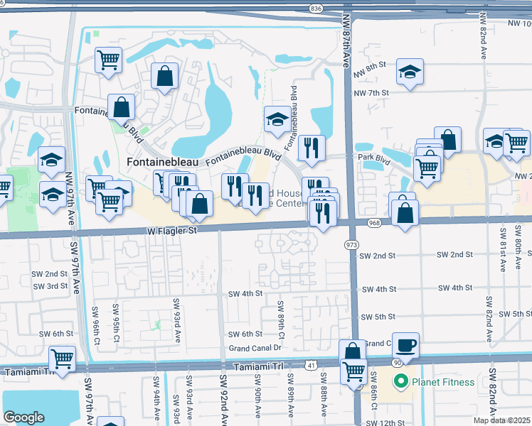map of restaurants, bars, coffee shops, grocery stores, and more near 8801 West Flagler Street in Miami