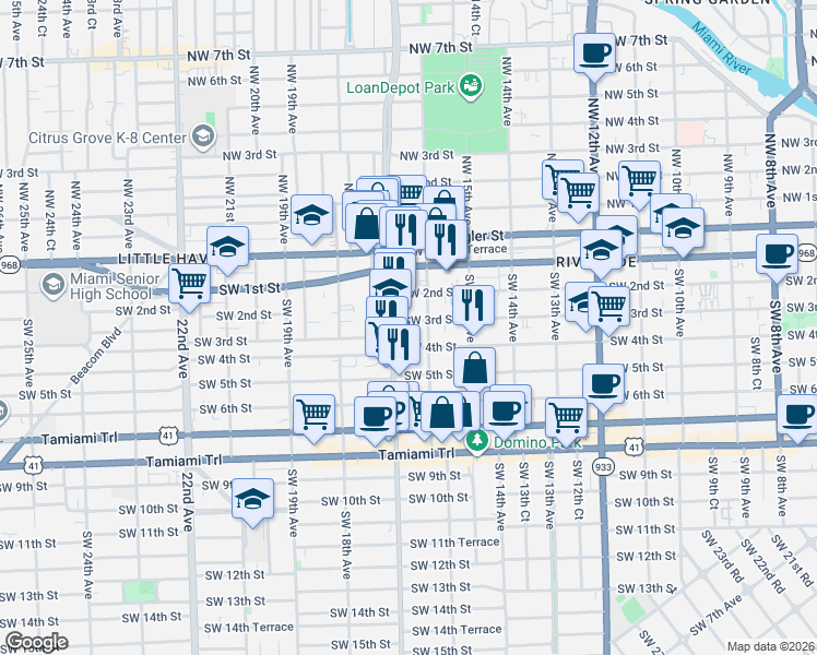 map of restaurants, bars, coffee shops, grocery stores, and more near 318 Southwest 16th Avenue in Miami