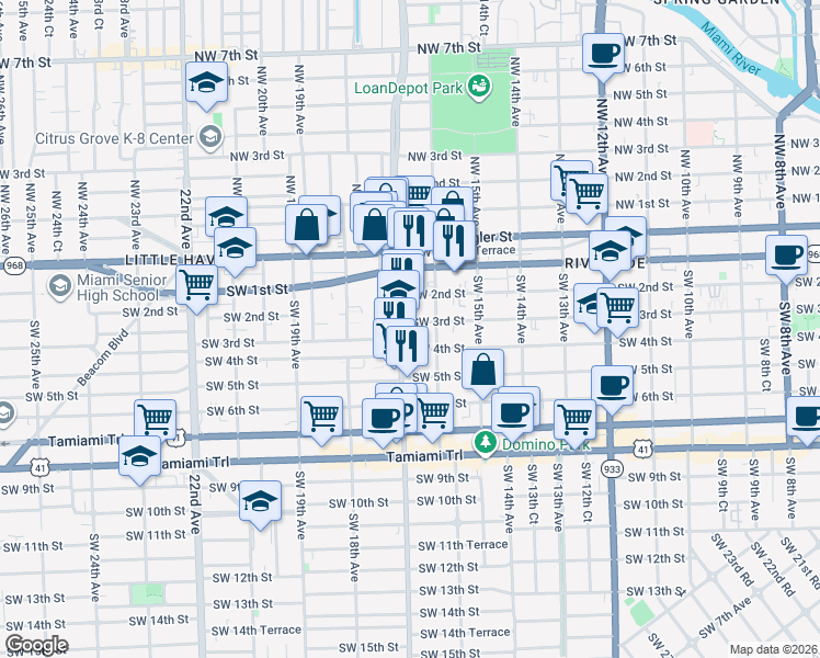 map of restaurants, bars, coffee shops, grocery stores, and more near 1711 Southwest 3rd Street in Miami
