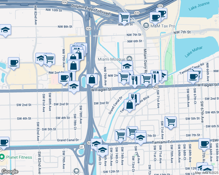 map of restaurants, bars, coffee shops, grocery stores, and more near 7575 Florida 968 in Miami