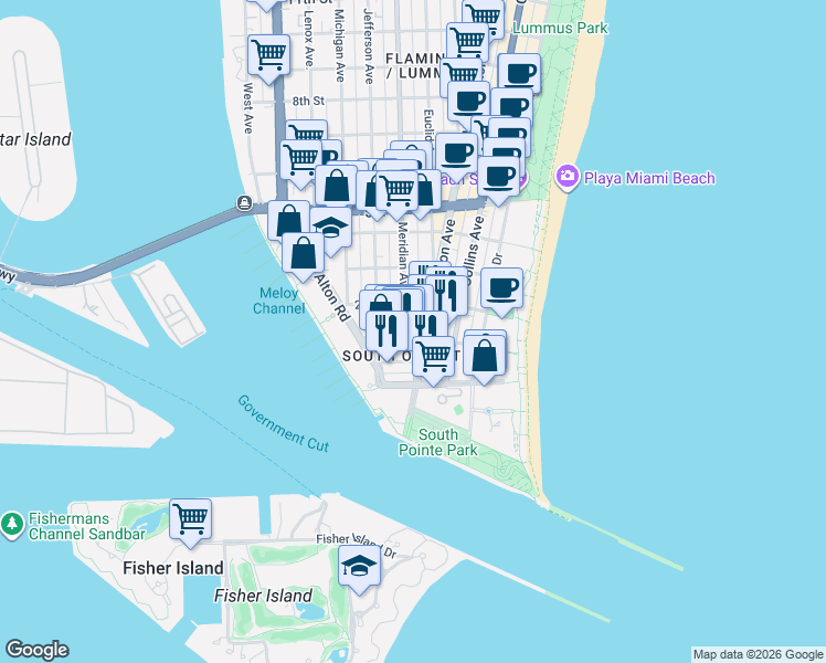 map of restaurants, bars, coffee shops, grocery stores, and more near in Miami Beach