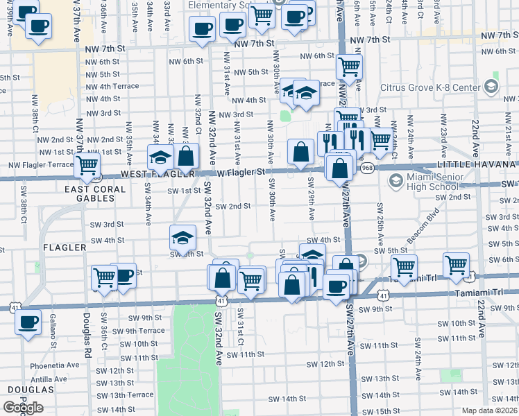 map of restaurants, bars, coffee shops, grocery stores, and more near 230 Southwest 30th Avenue in Miami