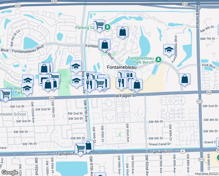 map of restaurants, bars, coffee shops, grocery stores, and more near 3405 West Flagler Street in Miami