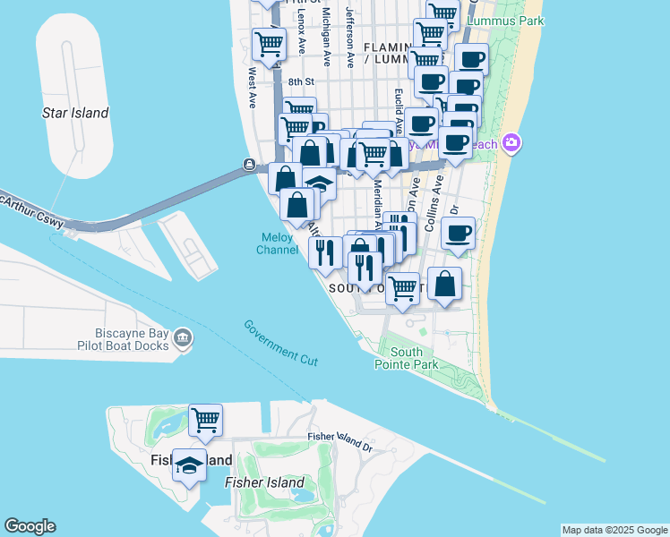 map of restaurants, bars, coffee shops, grocery stores, and more near 10012 1st Street in Miami Beach