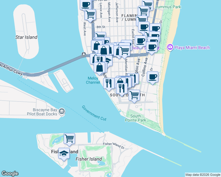 map of restaurants, bars, coffee shops, grocery stores, and more near 150 Alton Road in Miami Beach