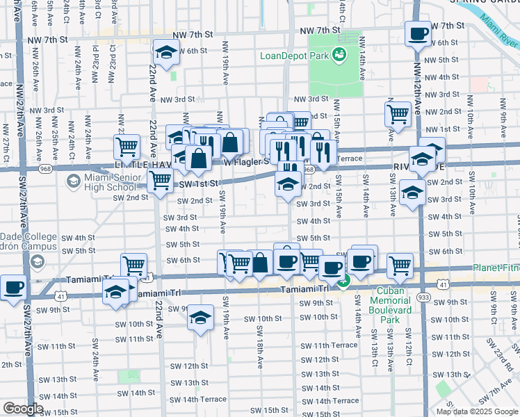 map of restaurants, bars, coffee shops, grocery stores, and more near 1771 Southwest 3rd Street in Miami