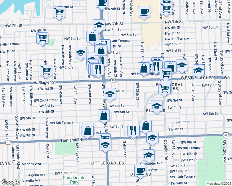 map of restaurants, bars, coffee shops, grocery stores, and more near 4024 Southwest 2nd Street in Coral Gables