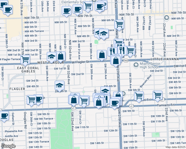 map of restaurants, bars, coffee shops, grocery stores, and more near 230 Southwest 30th Avenue in Miami