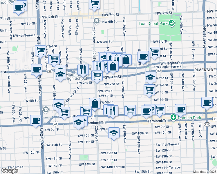 map of restaurants, bars, coffee shops, grocery stores, and more near 231 Southwest 21st Avenue in Miami