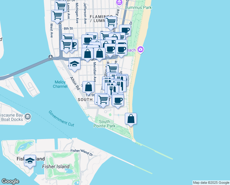 map of restaurants, bars, coffee shops, grocery stores, and more near 120 Ocean Drive in Miami Beach