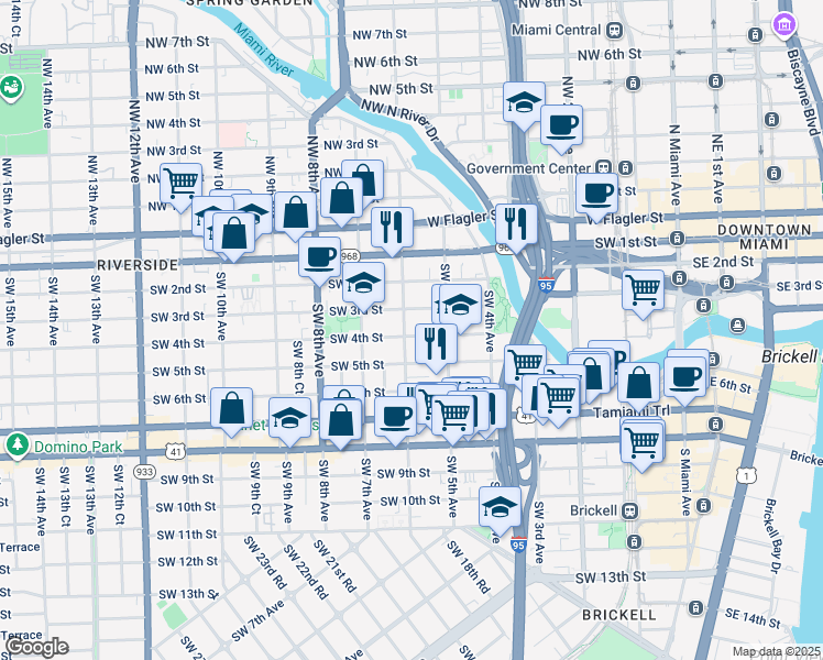 map of restaurants, bars, coffee shops, grocery stores, and more near 535 Southwest 4th Street in Miami