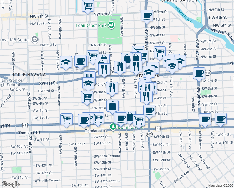 map of restaurants, bars, coffee shops, grocery stores, and more near 1428 Southwest 3rd Street in Miami