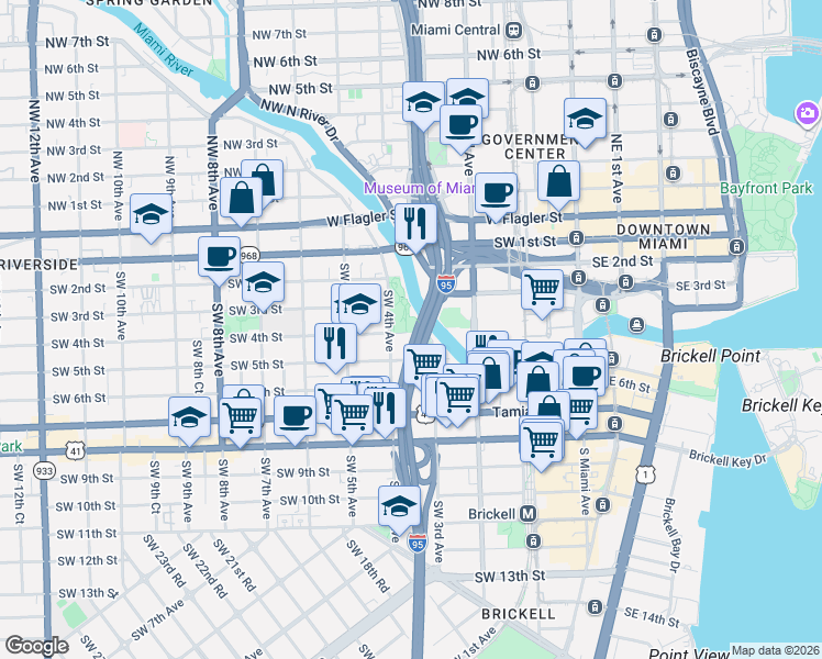 map of restaurants, bars, coffee shops, grocery stores, and more near 351 Southwest 4th Street in Miami