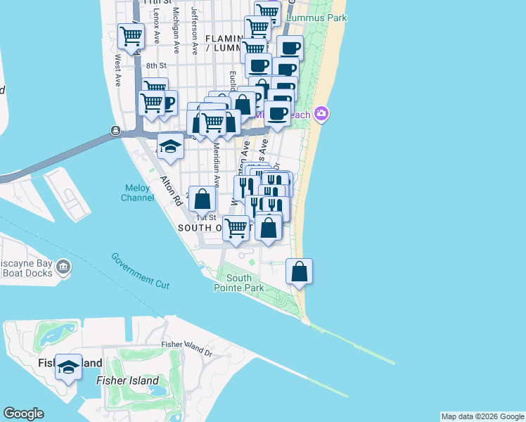 map of restaurants, bars, coffee shops, grocery stores, and more near 120 Ocean Drive in Miami Beach