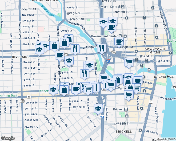 map of restaurants, bars, coffee shops, grocery stores, and more near 458 Southwest 4th Street in Miami