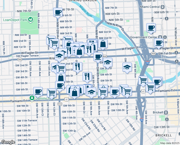map of restaurants, bars, coffee shops, grocery stores, and more near 332 Southwest 9th Avenue in Miami