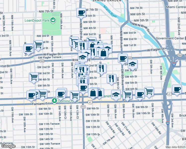 map of restaurants, bars, coffee shops, grocery stores, and more near 1055 Southwest 4th Street in Miami