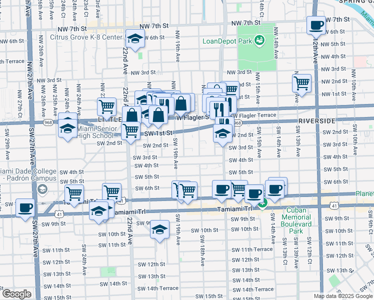 map of restaurants, bars, coffee shops, grocery stores, and more near 1853 Southwest 3rd Street in Miami