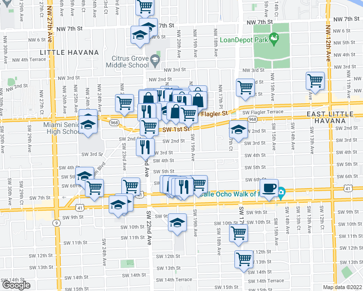 map of restaurants, bars, coffee shops, grocery stores, and more near 1925 Southwest 3rd Street in Miami