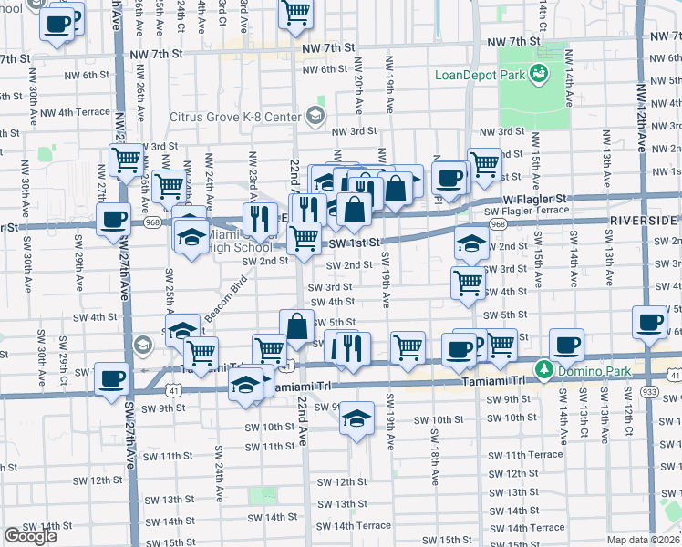 map of restaurants, bars, coffee shops, grocery stores, and more near 231 Southwest 21st Avenue in Miami