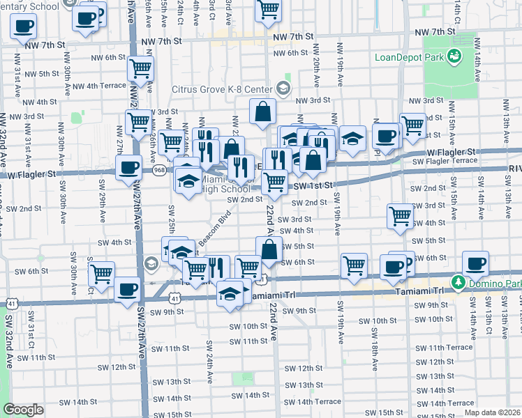 map of restaurants, bars, coffee shops, grocery stores, and more near 2252 Southwest 2nd Terrace in Miami