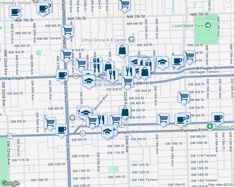 map of restaurants, bars, coffee shops, grocery stores, and more near 2252 Southwest 2nd Terrace in Miami