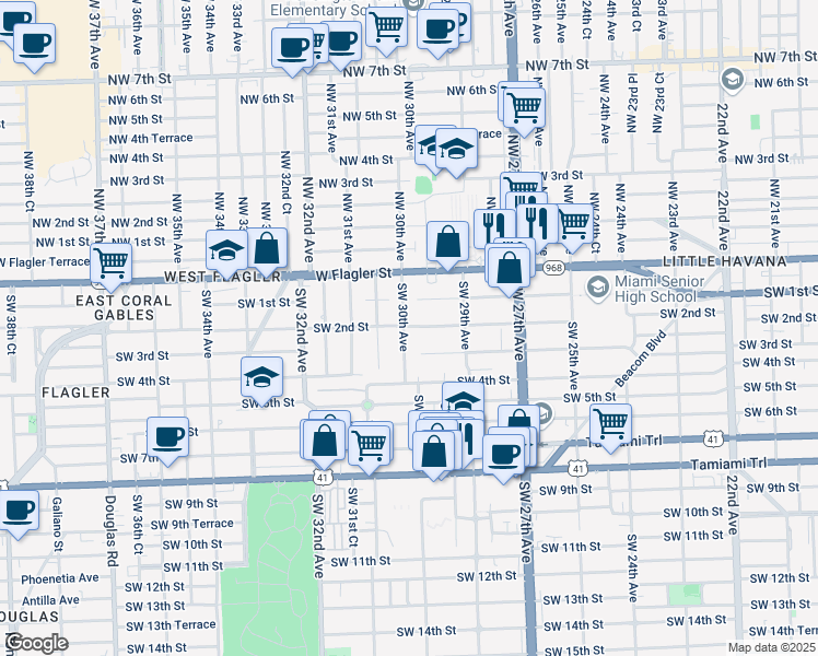 map of restaurants, bars, coffee shops, grocery stores, and more near 230 Southwest 30th Avenue in Miami