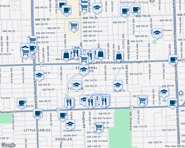 map of restaurants, bars, coffee shops, grocery stores, and more near 201 Southwest 36th Avenue in Miami