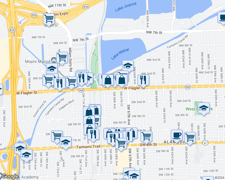 map of restaurants, bars, coffee shops, grocery stores, and more near 6886 West Flagler Street in Miami