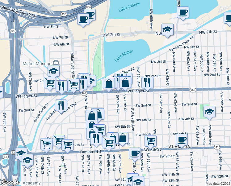 map of restaurants, bars, coffee shops, grocery stores, and more near 6886 West Flagler Street in Miami