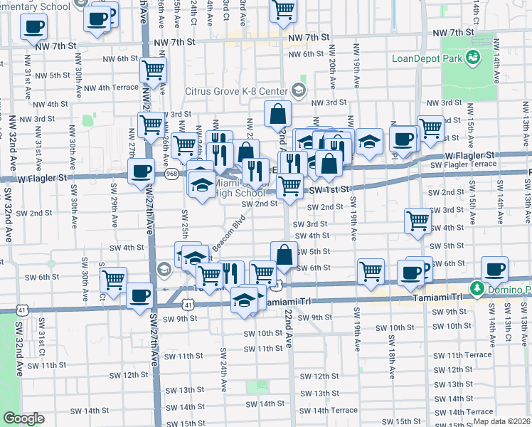 map of restaurants, bars, coffee shops, grocery stores, and more near 2252 Southwest 2nd Terrace in Miami