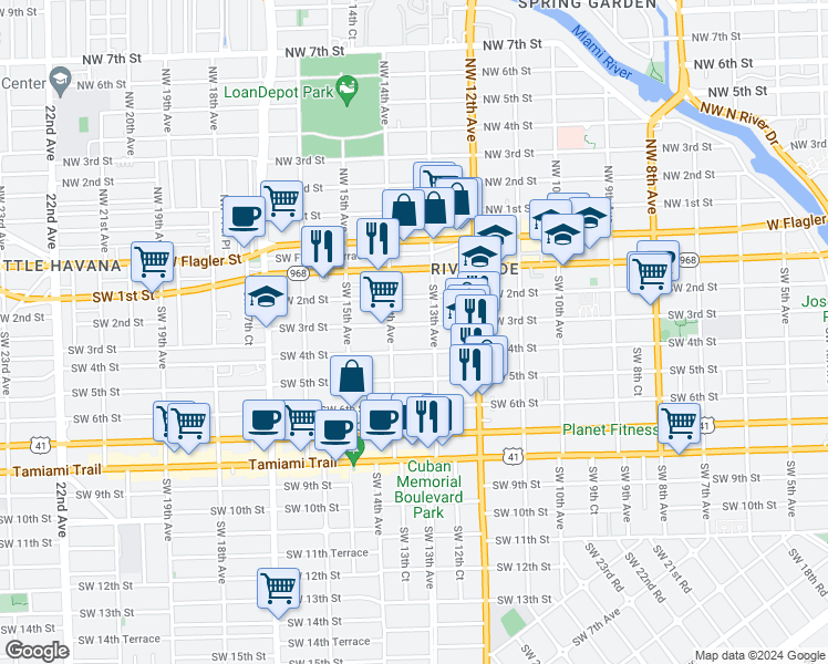 map of restaurants, bars, coffee shops, grocery stores, and more near 1336 Southwest 3rd Street in Miami