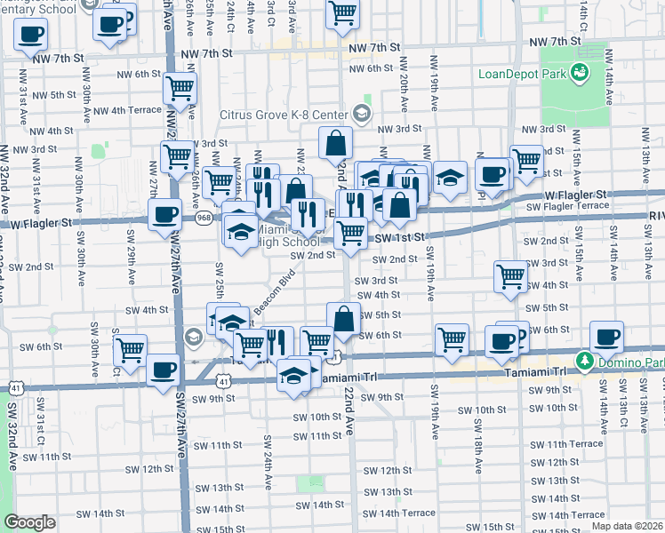 map of restaurants, bars, coffee shops, grocery stores, and more near 2252 Southwest 2nd Terrace in Miami
